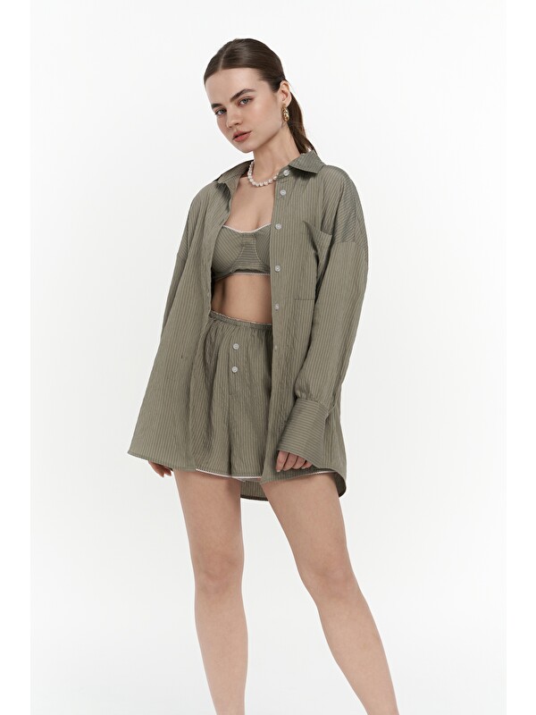 Mai Collection Leda Dantel Detay Şortlu Soft Haki Üçlü Takım