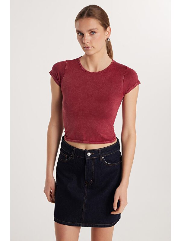 TUDORS Kadın Slim Fit Dar Kesim Düz Basic Bisiklet Yaka Bordo Tişört