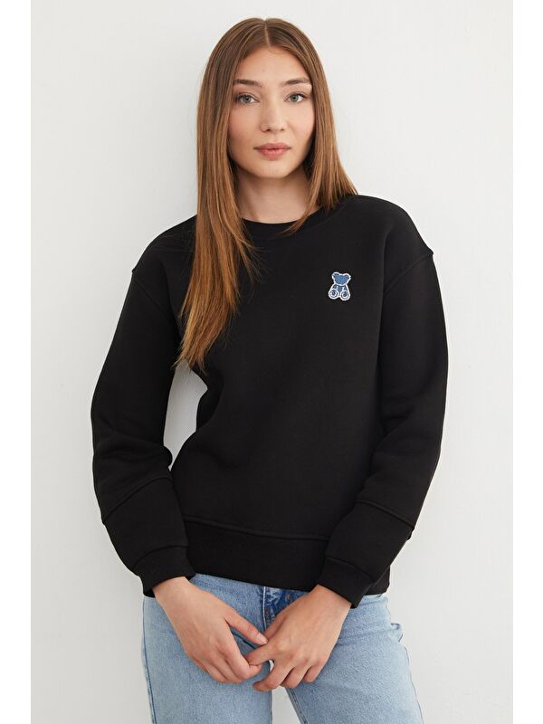 Fullamoda 3 İplik Taş İşlemeli Ayıcık Nakışlı Sweatshirt