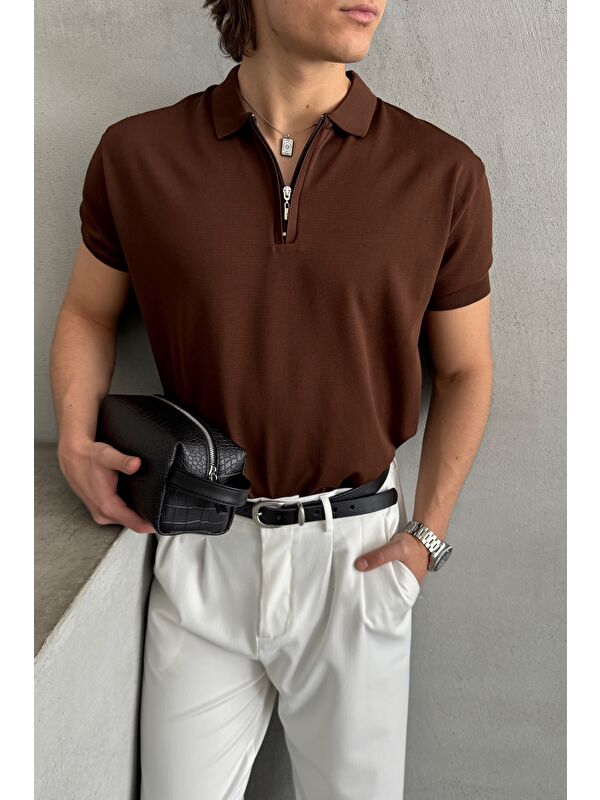HYMAN Erkek Oversize Fermuarlı Polo Yaka Triko T-Shirt