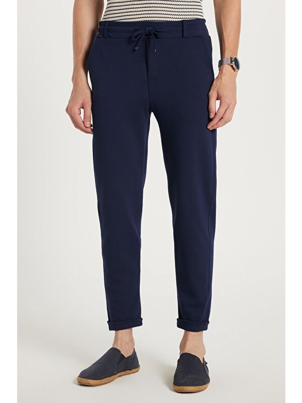 TUDORS Erkek Slim Fit Pamuklu Beli Bağlamalı Yan Cepli Katlamalı Paça Jogger Lacivert Pantolon