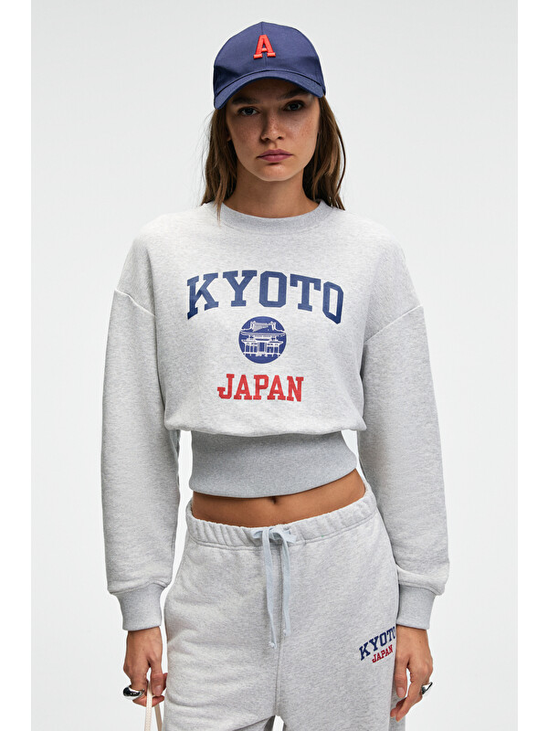 GRIMELANGE SORELLIA Kadın Bisiklet Yaka Üzerine Oturan Beli Korseli Baskılı Regular GRİ MELANJ Sweatshirt
