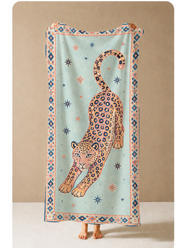 Milbay Grup Maximalist Leopar Bordürlü Halı Motifli Desenli 70x150 Plaj Havlusu - Dijital Baskılı Banyo Havlusu