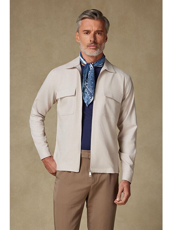 ABBATE Verso Twill Overshirt Polyviskon Karışımlı Oversize Fit Bej Klasik Yaka Erkek Çizgili Ceket