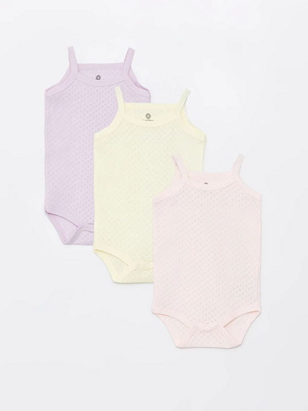 Luggi Baby Kare Yaka Pamuklu İp Askılı Kız Bebek Jakarlı Çıtçıtlı Body 3'lü (Yenidoğan - 5 Yaş)