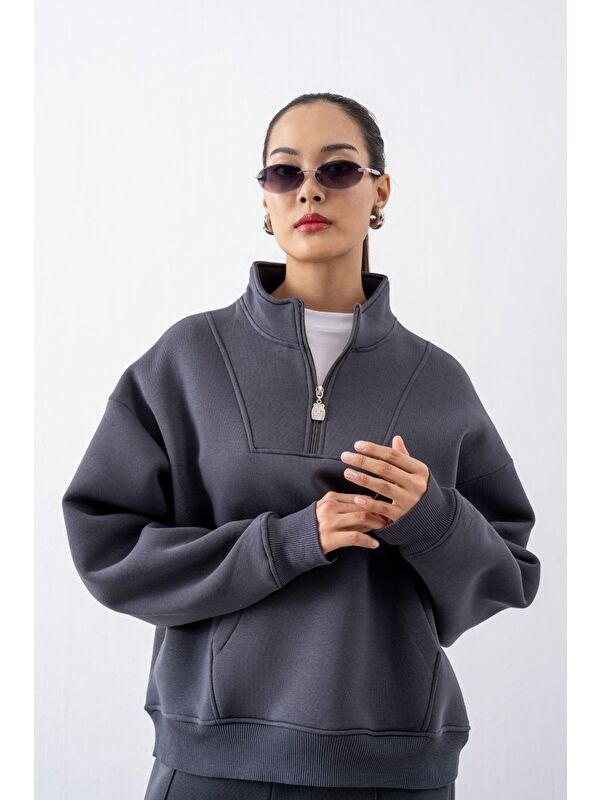 gothamVibes Kadın Antrasit Fermuarlı Oversize Sweatshirt