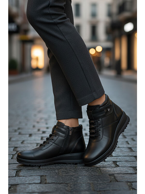 Siyah Hakiki Deri Anatomik Polarlı Kaymaz Kadın Bot Z438 Z - Görsel 4