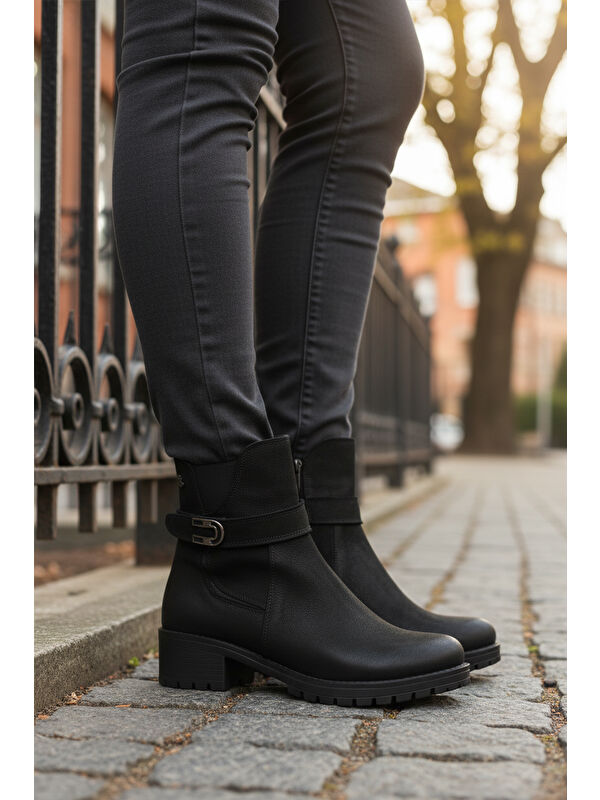 Siyah Nubuk Hakiki Deri Polarlı Kaymaz Kadın Bot 3376K Z - Görsel 4