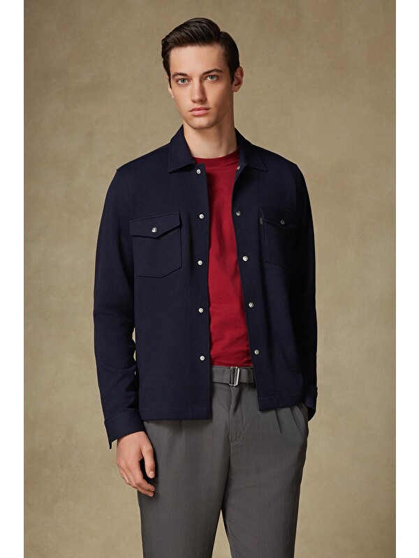 ABBATE Urbano Armür Overshirt Pamuklu Oversize Fit Lacivert Klasik Yaka Erkek Düz Gömlek