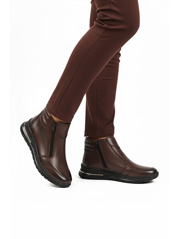 Kahve Hakiki Deri Fermuarlı Kaymaz Taban Kadın Bot 2004 Z - Görsel 2