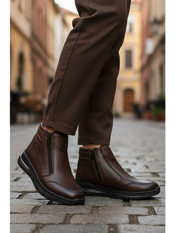 Kahve Hakiki Deri Fermuarlı Kaymaz Taban Kadın Bot 2004 Z - Görsel 4