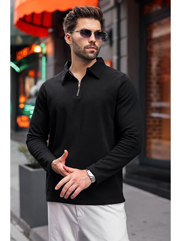 Madmext Siyah Yarım Fermuarlı Polo Yaka Dokulu Erkek Sweatshırt E7197