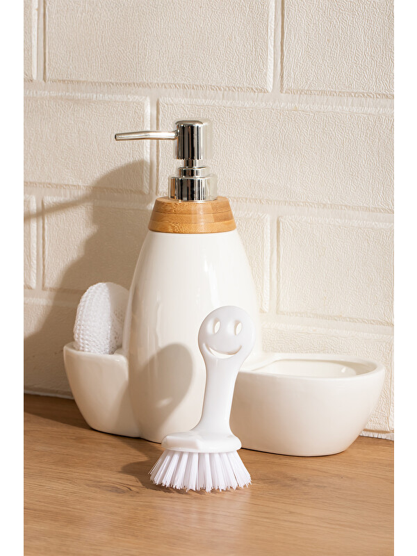 Porsima 5310825 Tezgah Üstü Beyaz Sıvı Sabunluk Fırçalı Süngerli Porselen Sabunluk 700Ml 28Cm