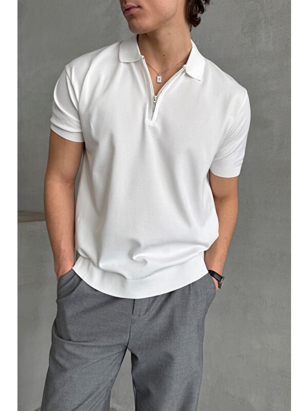 HYMAN Erkek Oversize Fermuarlı Polo Yaka Triko T-Shirt