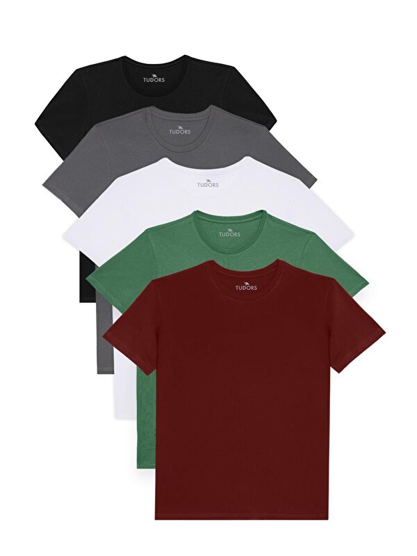 TUDORS Unisex 5'Li Paket Siyah-Beyaz-Bordo-Z.Yeşili-Gri Slim Fit Dar Kesim %100 Pamuk Bisiklet Yaka Tişört