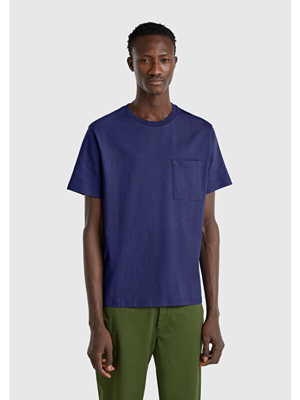 United Colors Of Benetton Erkek Lavanta Mavisi %100 Pamuk Yama Cep Detaylı Oversize Tişört