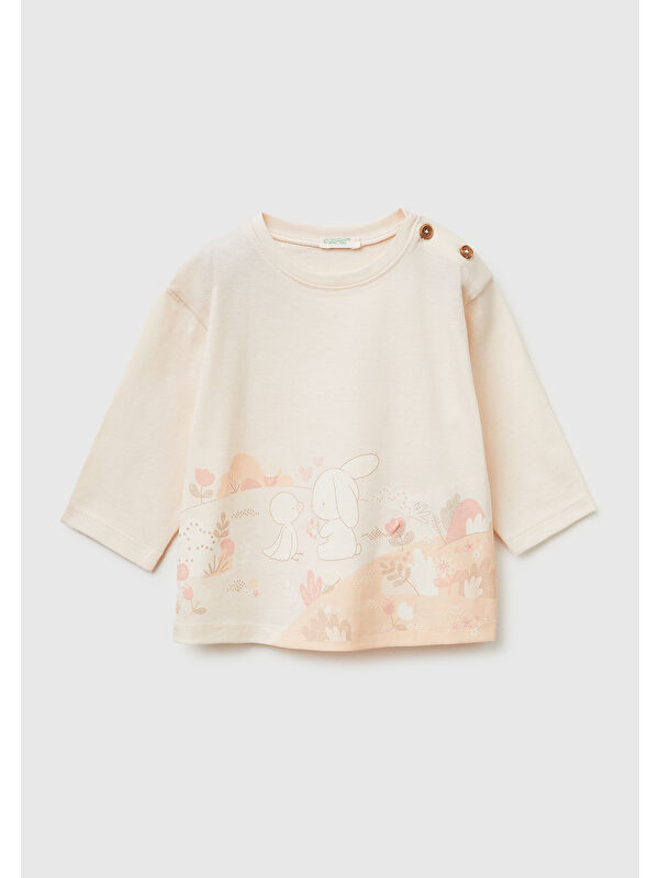 United Colors Of Benetton Bebek Omzu Ahşap Düğmeli Su Baskılı Nakışlı Uzun Kollu T-Shirt