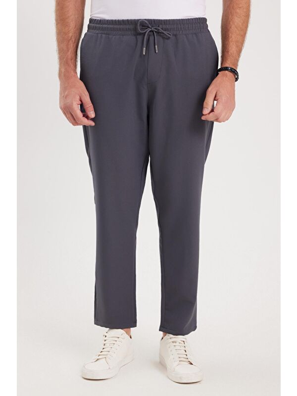 TUDORS Erkek Regular Fit Beli Lastikli Bağcıklı Jogger Koyu Gri Pantolon Rahat Kesim Yan Cepli