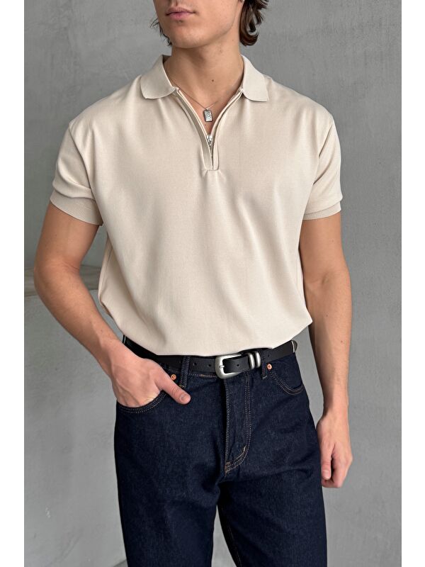 HYMAN Erkek Oversize Fermuarlı Polo Yaka Triko T-Shirt