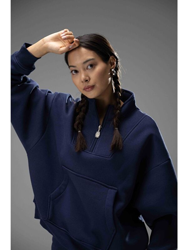 gothamVibes Kadın Lacivert Fermuarlı Oversize Sweatshirt