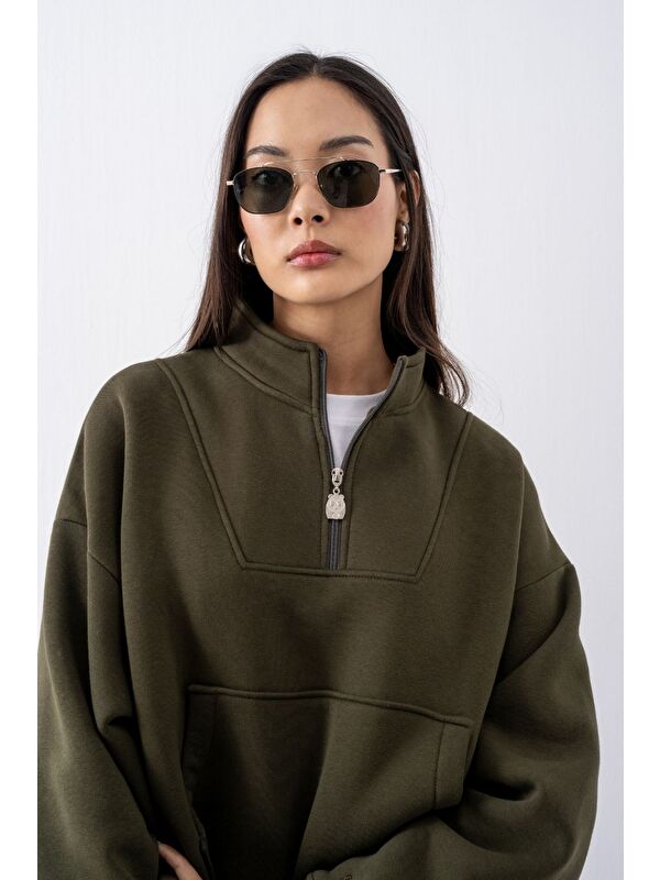 gothamVibes Kadın Haki Fermuarlı Oversize Sweatshirt