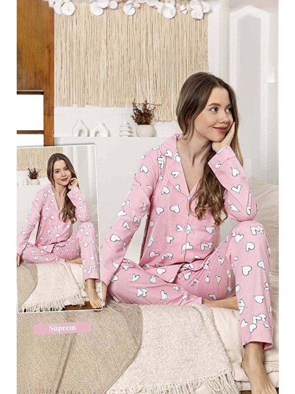 Remsa Kadın Kalp Desen Düğmeli Suprem Pijama Takımı 0392 Pembe01