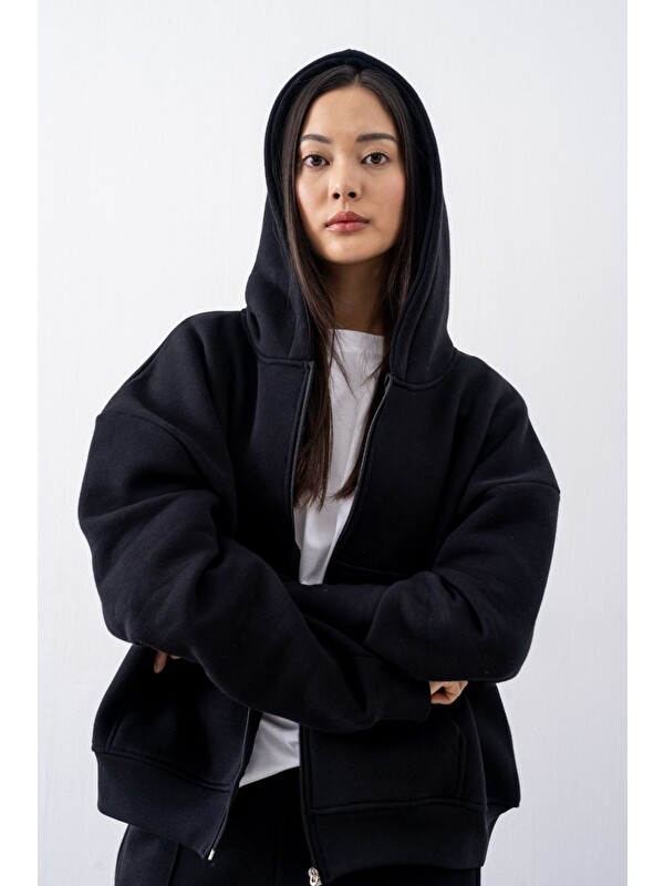 gothamVibes Kadın Chill Oversize Siyah Fermuarlı Sweatshirt