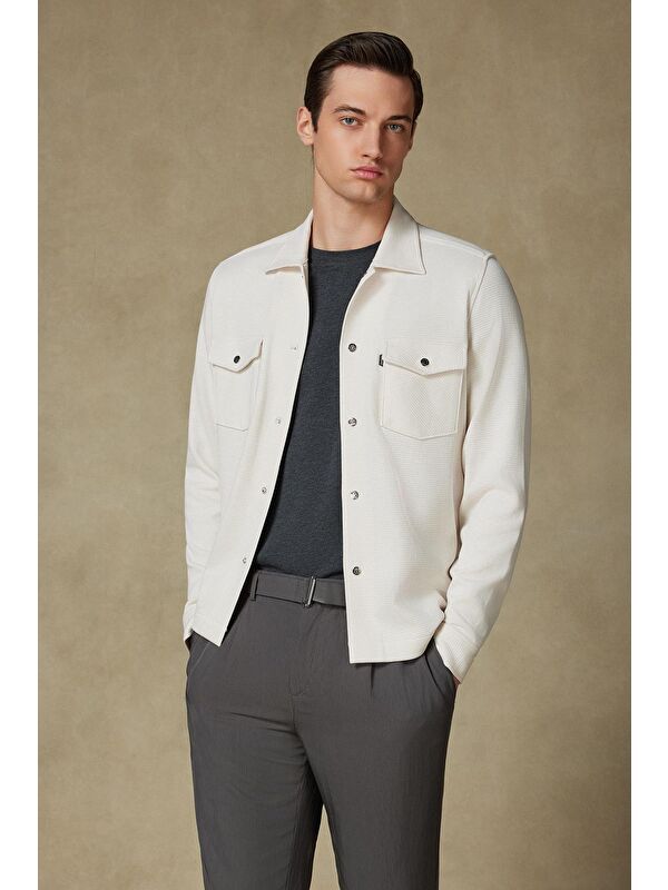 ABBATE Urbano Armür Overshirt Pamuklu Oversize Fit Ekru Klasik Yaka Erkek Düz Gömlek