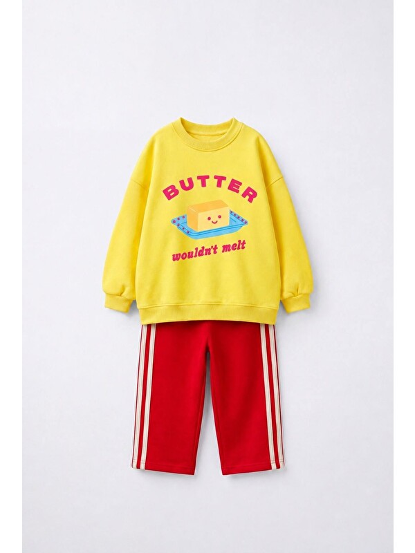 Magu Çocuk Pamuklu Sarı Baskılı Sweatshirt Ve Kırmızı Şeritli Pantolon Takımı