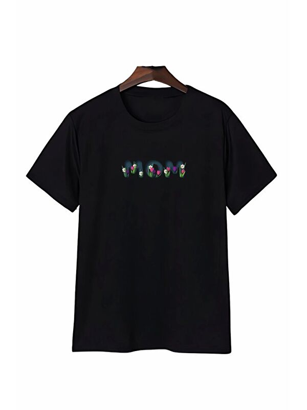 Jane's Anneler Gününe Özel Tasarım Mom Çiçek Baskılı T-shirt - Siyah