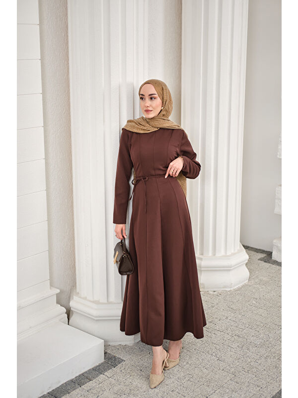 Locco Moda Kadın Parçalı Bel Bağlamalı Elbise Kahverengi