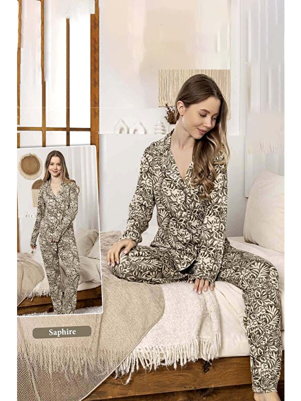 Remsa Kadın Yaprak Desen Düğmeli Saphire Pijama Takımı 0386 Yeşil