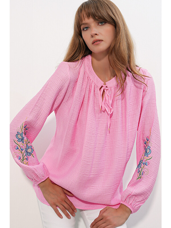 Bigdart Kadın Nakışlı Oversize Bluz 1000 - Pembe