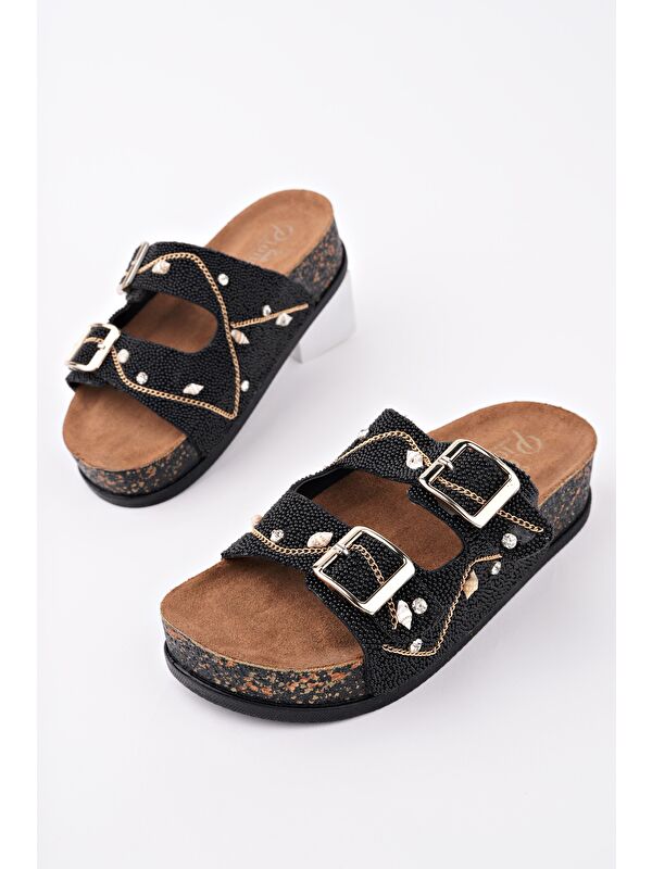 SHEİLA Çift Bantlı Taşlı Ayarlanabilir Kemerli Günlük Kadın Terlik - Görsel 3