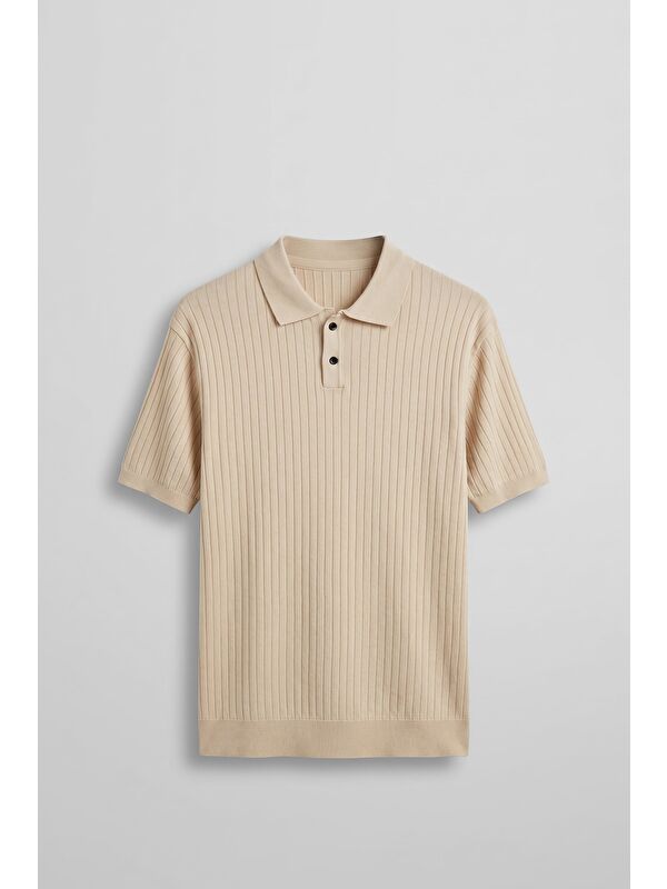 Abluka Online Erkek Relaxed Fit Fitilli Triko Polo Yaka T-Shirt Bej