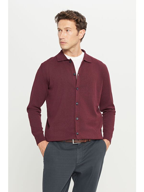 AC&Co / Altınyıldız Classics Erkek Bordo Pamuklu Standart Fit Normal Kesim Gömlek Yaka Triko Gömlek
