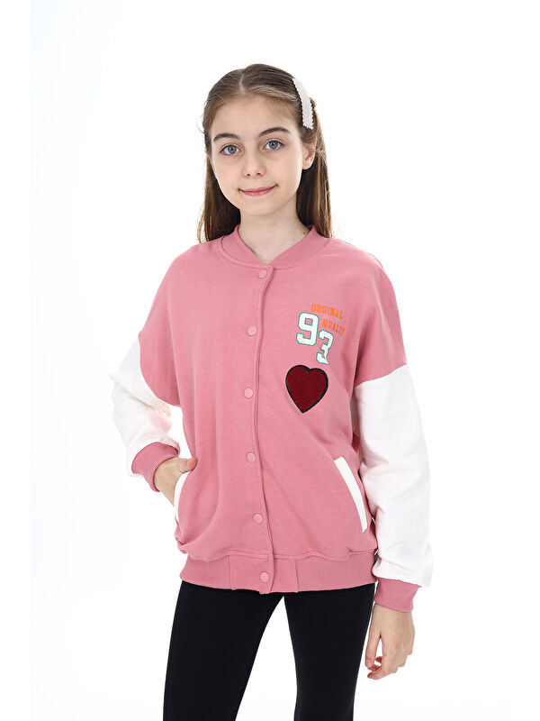 Toontoykids Kız Çocuk Kolej Yaka Çıtçıt Kapama Cepli Düşük Omuz Baskılı Renk Bloklu Örme Hırka - 2 İplik Şardonl