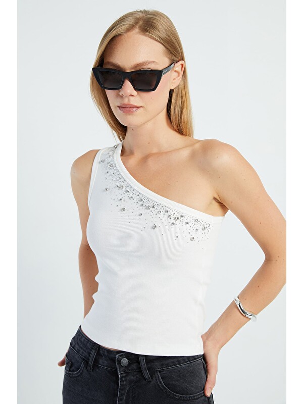 Fullamoda Taşlı Tek Omuz Slim Fit Bluz