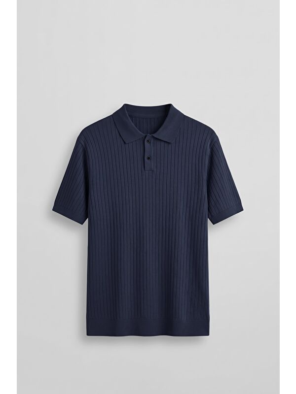 Abluka Online Erkek Relaxed Fit Fitilli Triko Polo Yaka T-Shirt Lacivert