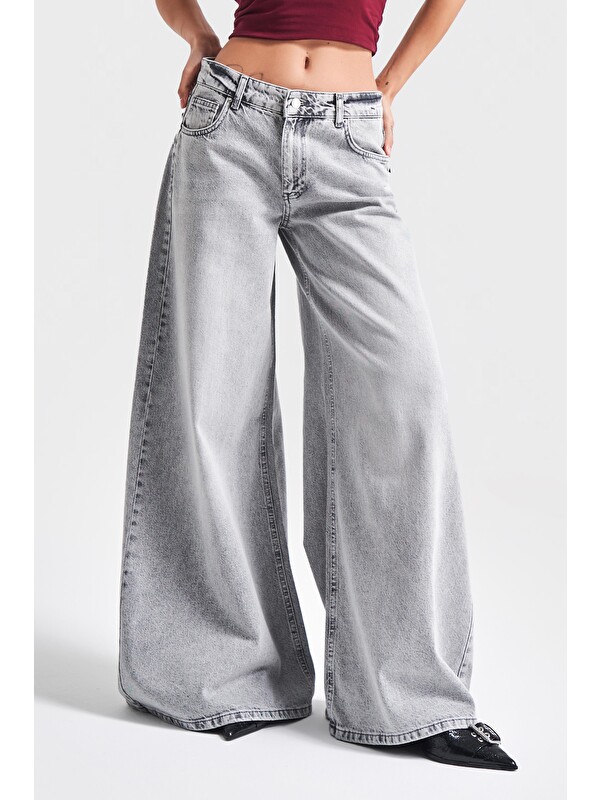 It's Basic Kadın Gri Renk 4S5-12 Süper Palazzo Fit Elaphant Leg %100 Pamuk Denim