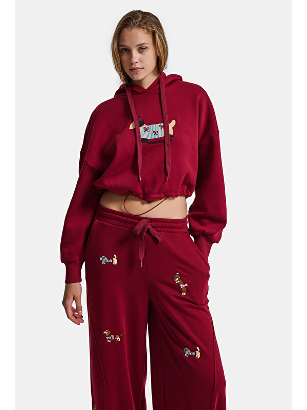 It's Basic Kadın Bordo w6-35 Sweatshirt Eşofman Pantolon 2'li Nakış Figürlü Tasarım Takım