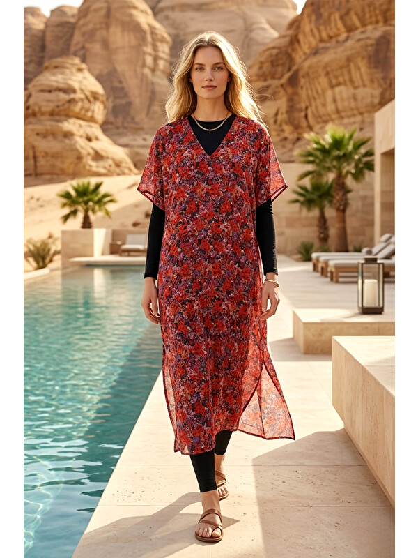 Remsa Mayo Remsa Tesettür Mayo Üzerine Tasarım Tek Kaftan Pareo RDP26 Kırmızı