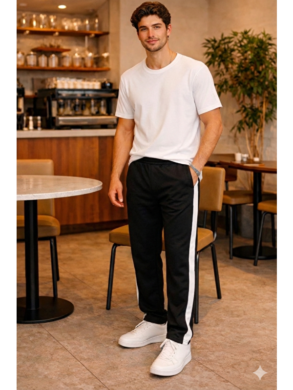 Tarz Cool Erkek Siyah Şeritli Eşofman Altı Bağcıklı Baggy Rahat Kesim Günlük Spor Pantolon