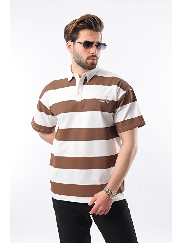 Madmext Kahverengi Oversize Renk Bloklu Polo Yaka %100 Pamuk Tişört E7120