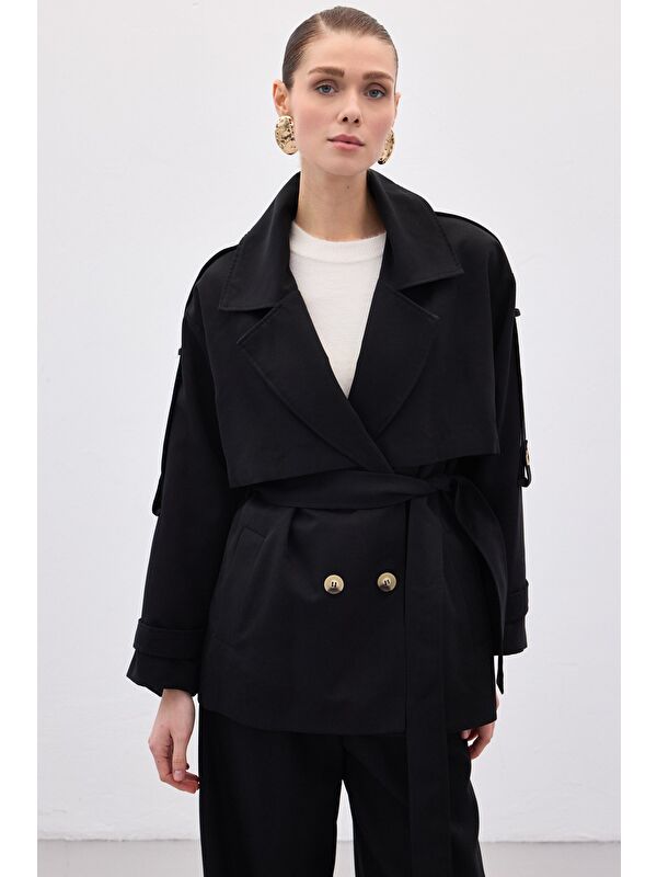 SATEEN Kısa Trençkot - Siyah
