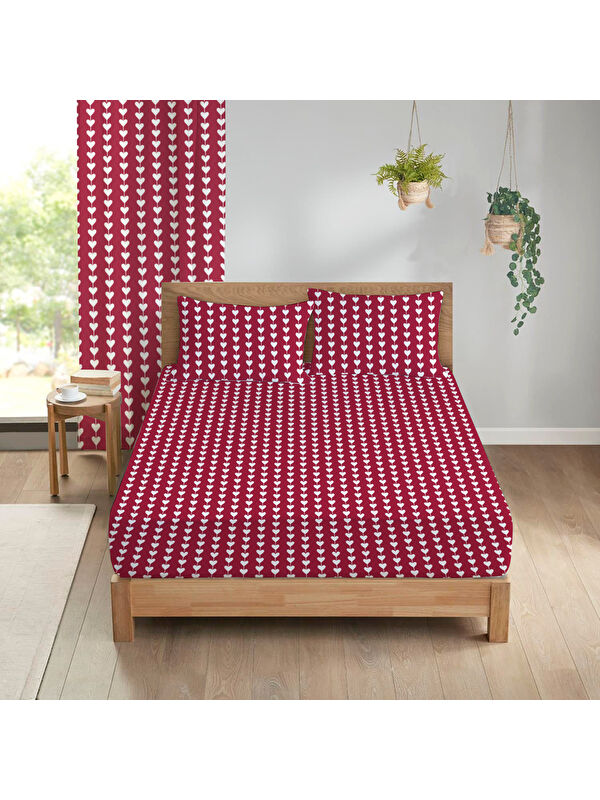 Evmila Kalp Desenli Baskılı Çift Kişilik 180x200 Cm Çarşaf Takımı