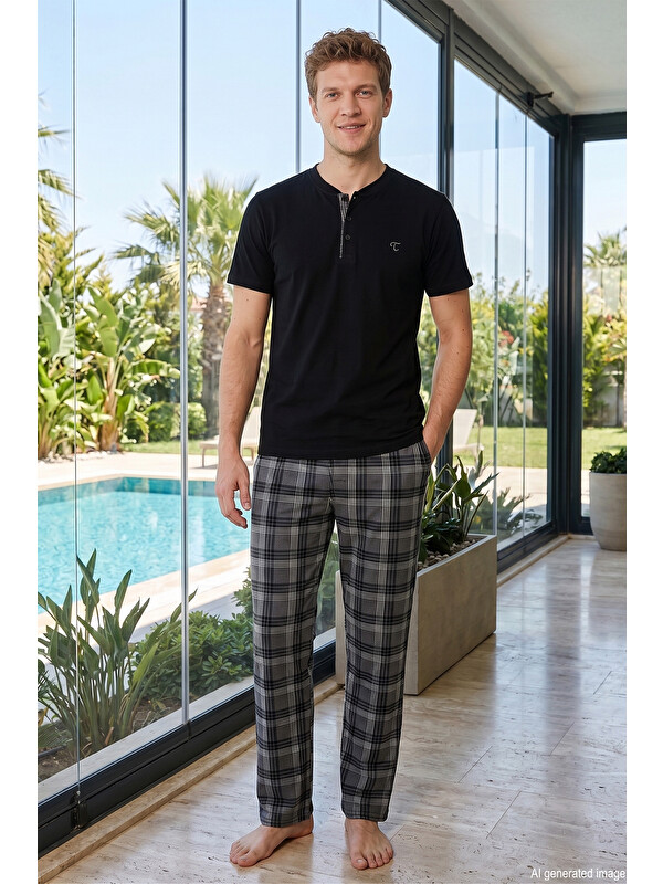 Remsa Erkek Kısa Kol Uzun Alt Süprem Penye Pijama Takımı 4378 Siyah04