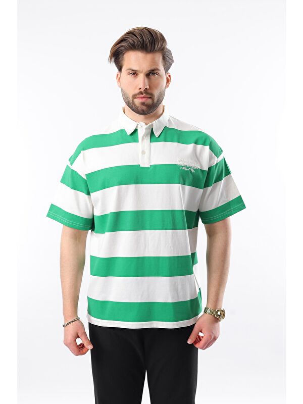 Madmext Yeşil Oversize Renk Bloklu Polo Yaka %100 Pamuk Tişört E7120