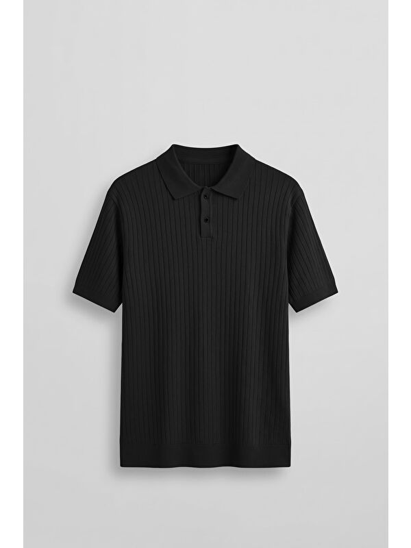 Abluka Online Erkek Relaxed Fit Fitilli Triko Polo Yaka T-Shirt Siyah