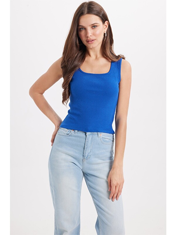 TUDORS Kadın Slim Fit Dar Kesim Askılı Kare Yaka Pamuklu Saks Mavi Crop Atlet